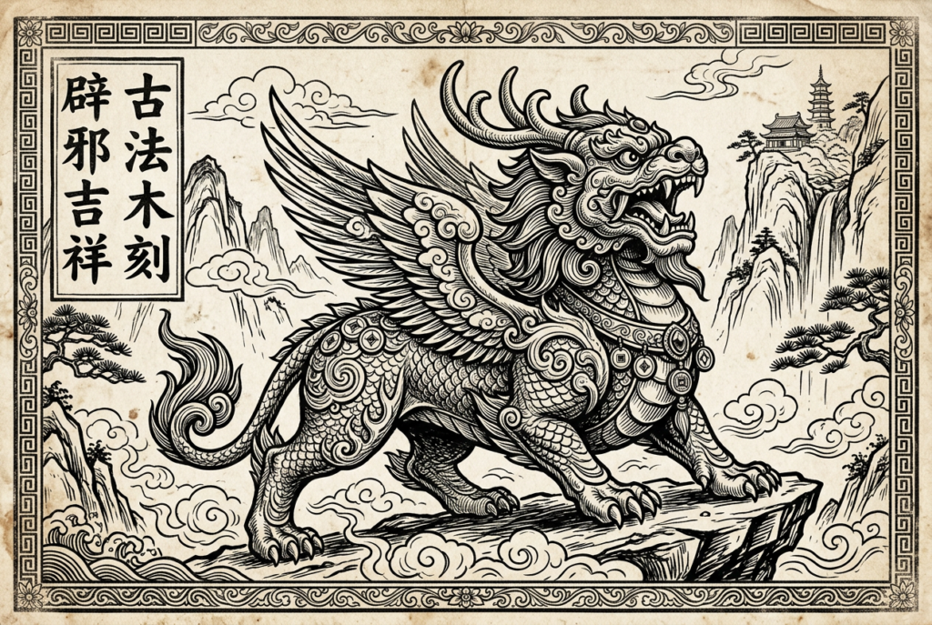 representación de un grabado de la antigua China Imperial con un Pixiu